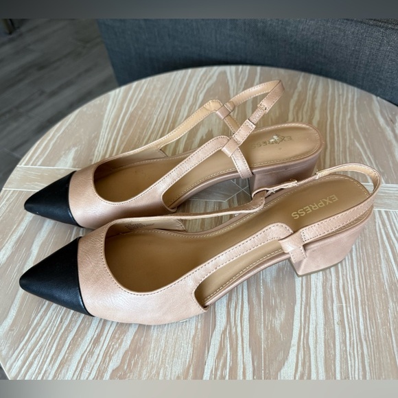 Express|Tan & Black Slingback low Heels,Preppy colorblock pointed pumps•size 10 - Picture 2 of 13